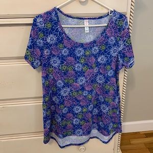 LuLaRoe Floral Short Sleeve Shirt A Line Scoop Neck Blue Pink Yellow White SZ M
